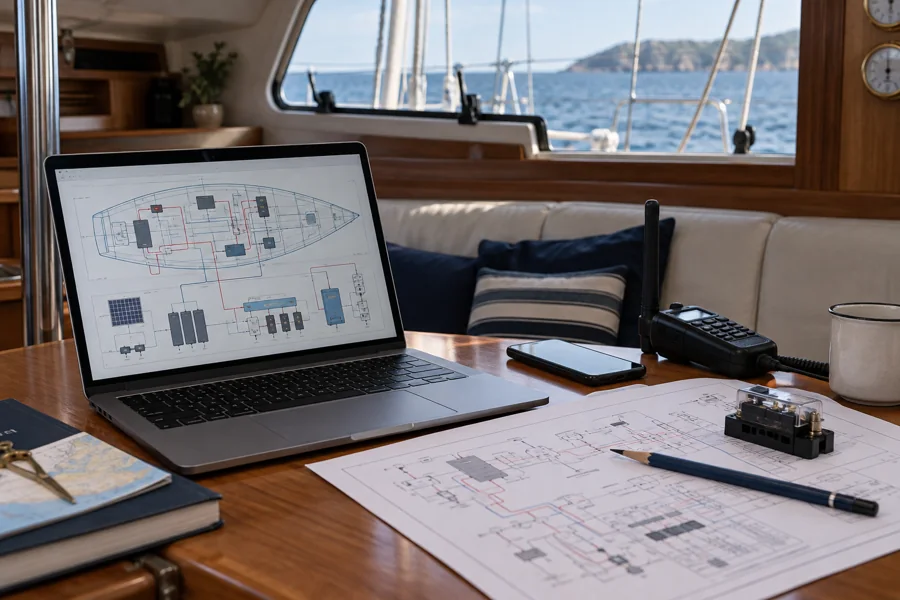 Technische Yachtplanung mit Laptop, Funkgerät und Systemunterlagen